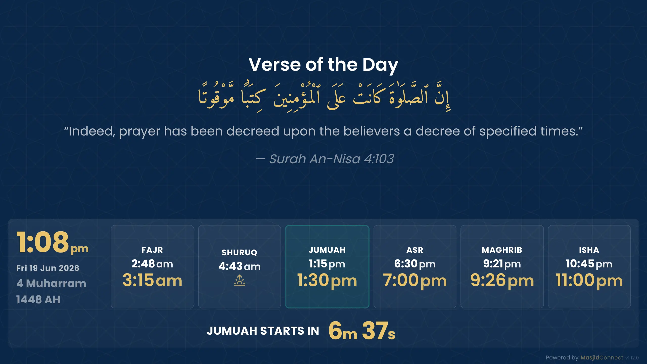 A MasjidConnect landscape screen with today's start and jamaat times and a countdown