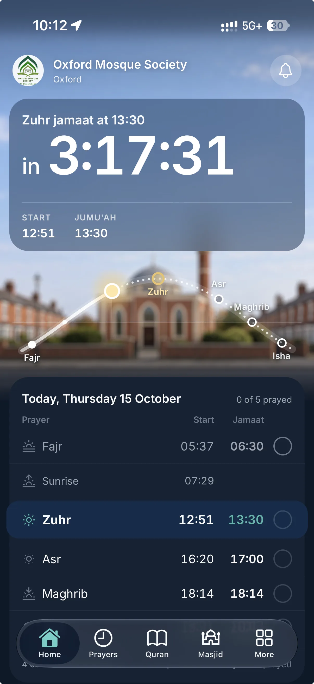 The MasjidConnect Community app on iPhone, showing the countdown to the next jamaat and today's prayer times