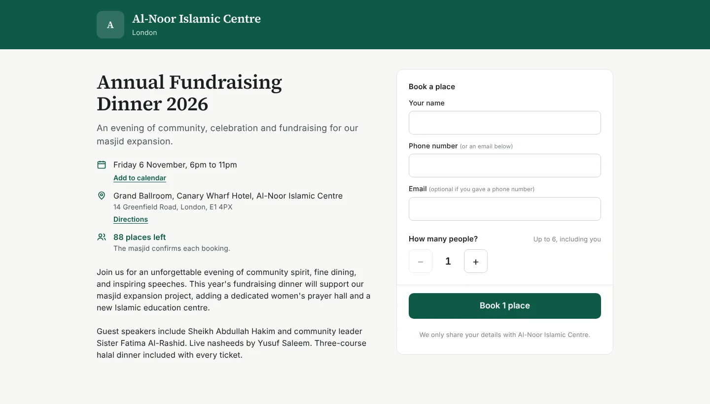 A MasjidConnect event booking page with the date, place, places left and a Book a place form