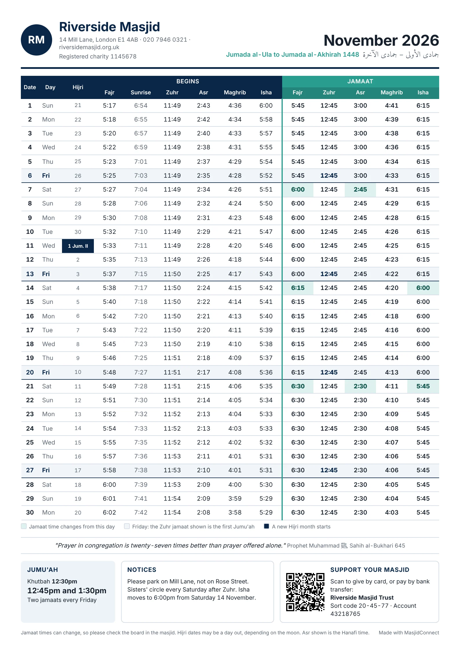 A printed monthly prayer timetable from MasjidConnect with start and jamaat times, Jumu'ah, notices and a QR code to give