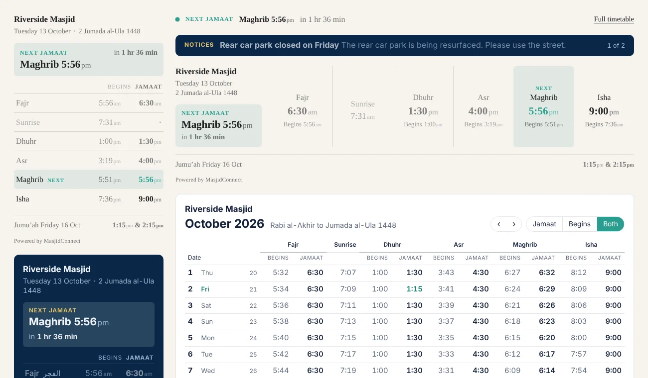 MasjidConnect prayer times widgets on a masjid website: today's times, the next jamaat and a notices bar