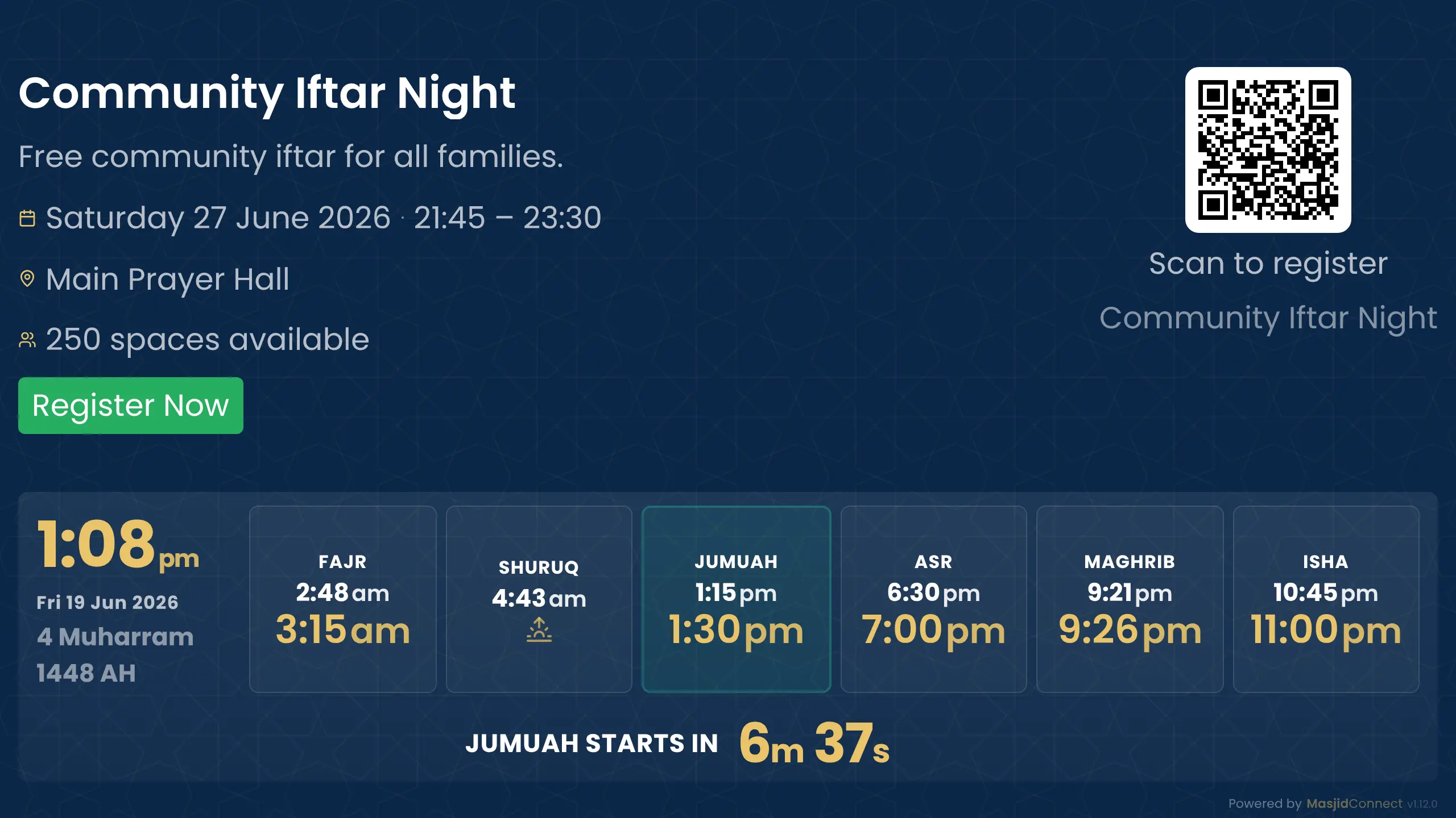 The same event shown as a slide on a MasjidConnect hall screen